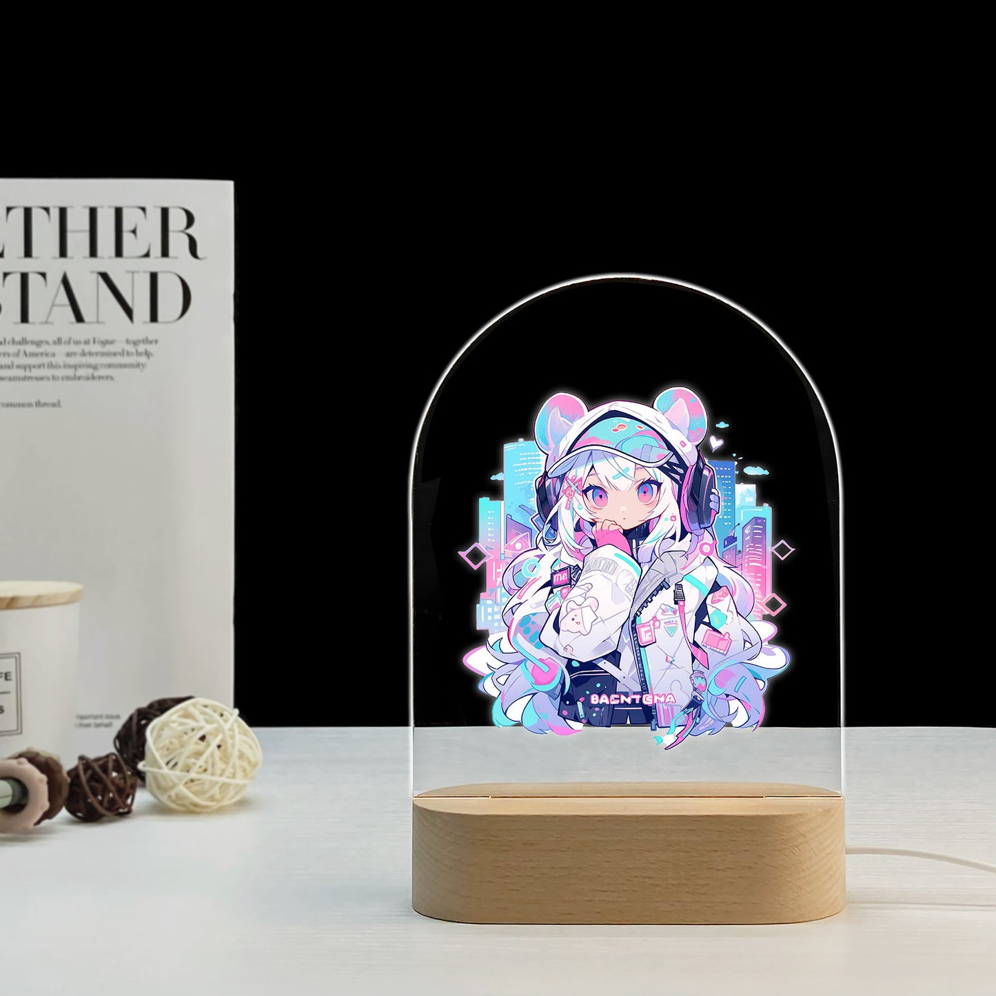 Cute girl night light with headphones, customizable content night light